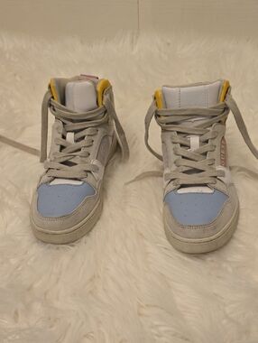 Guess Light Blue and Gray High-Top Sneakers with Yellow Accent
